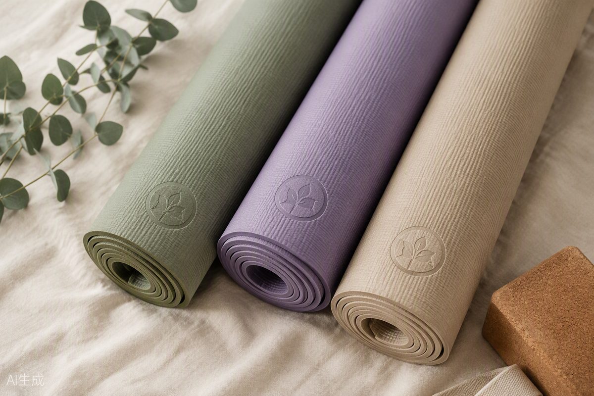 Three rolled yoga mats in sage, lavender and beige