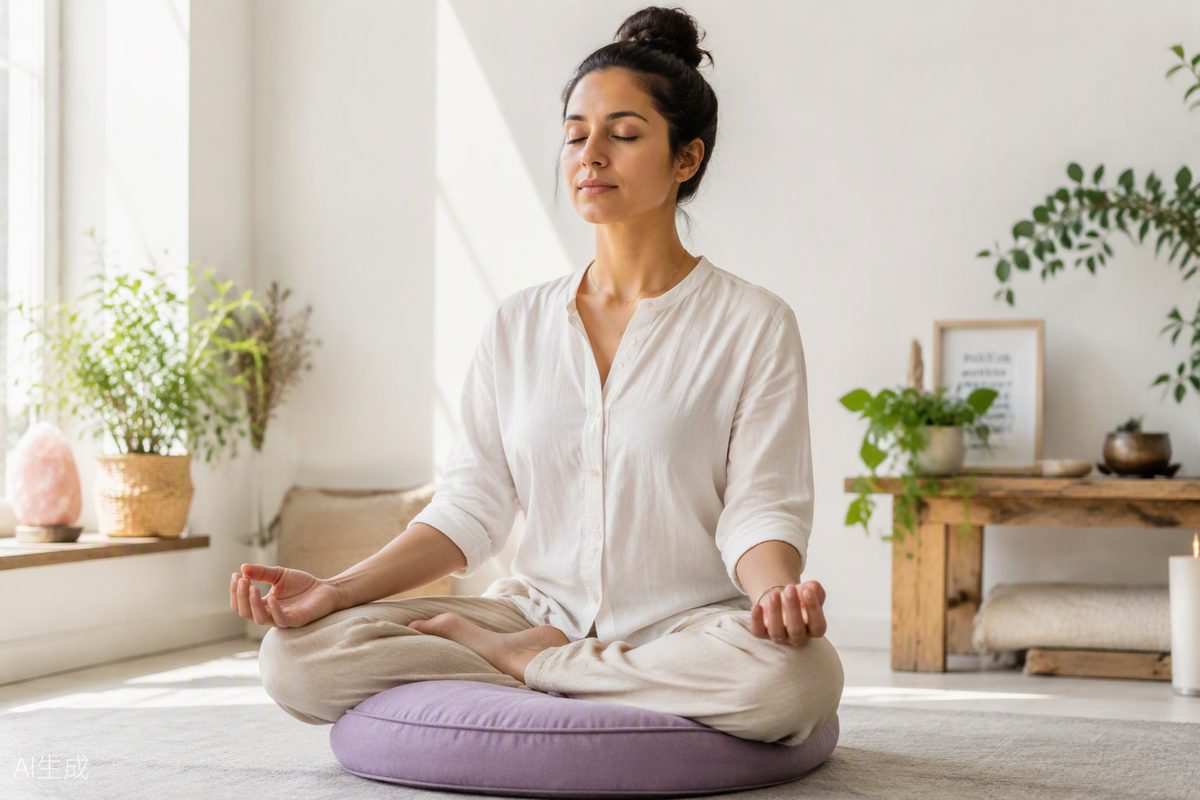 Person sitting in meditation in a bright minimalist room