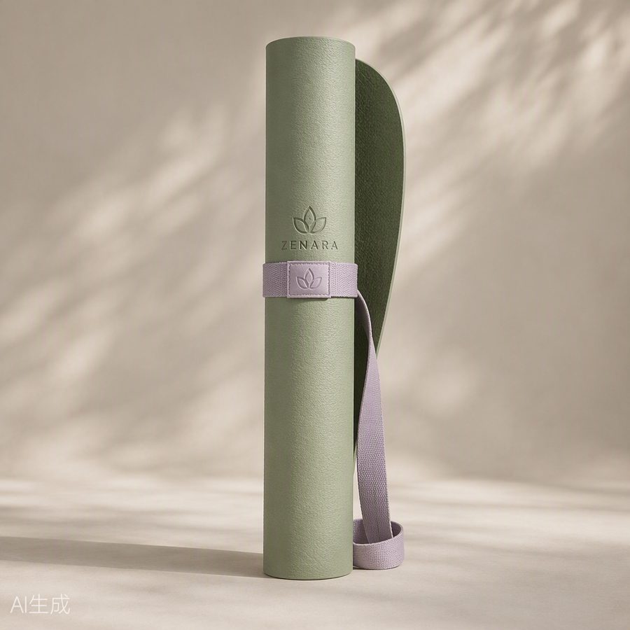 Sage green premium yoga mat with lavender strap